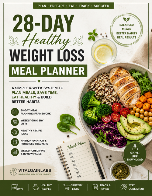 28-Day Healthy Weight Loss Meal Planner with healthy meal planning, grocery lists, habit trackers, and balanced meal ideas