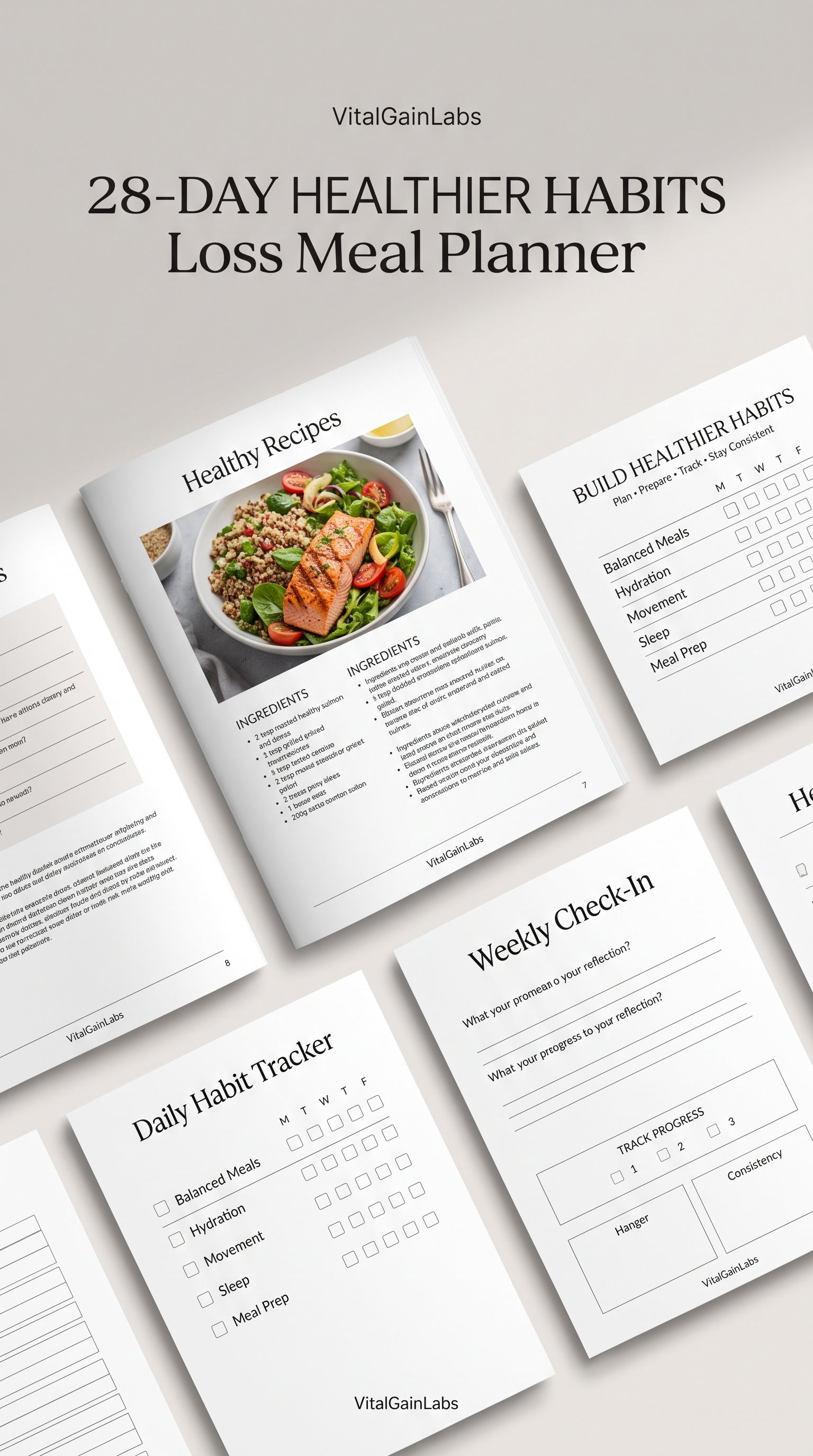 Healthy recipe pages and daily habit tracker from the VitalGainLabs meal planner