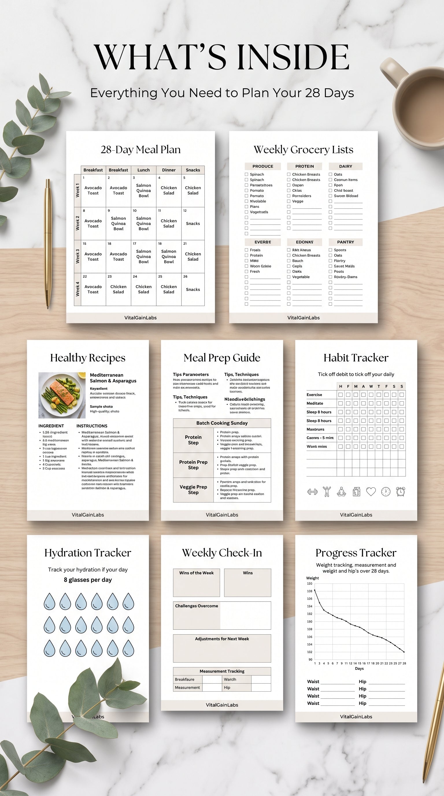 Inside pages of a 28-Day Healthy Weight Loss Meal Planner with recipes, grocery lists and trackers