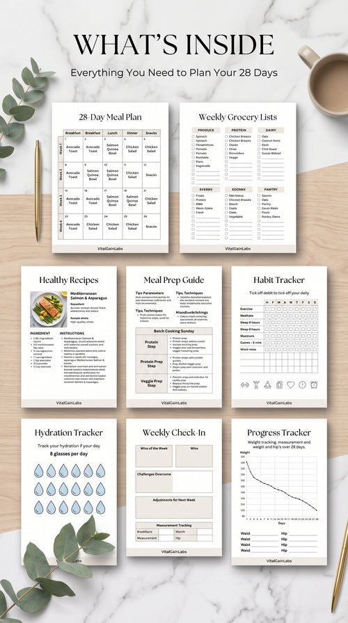 Inside pages of a 28-Day Healthy Weight Loss Meal Planner with recipes, grocery lists and trackers