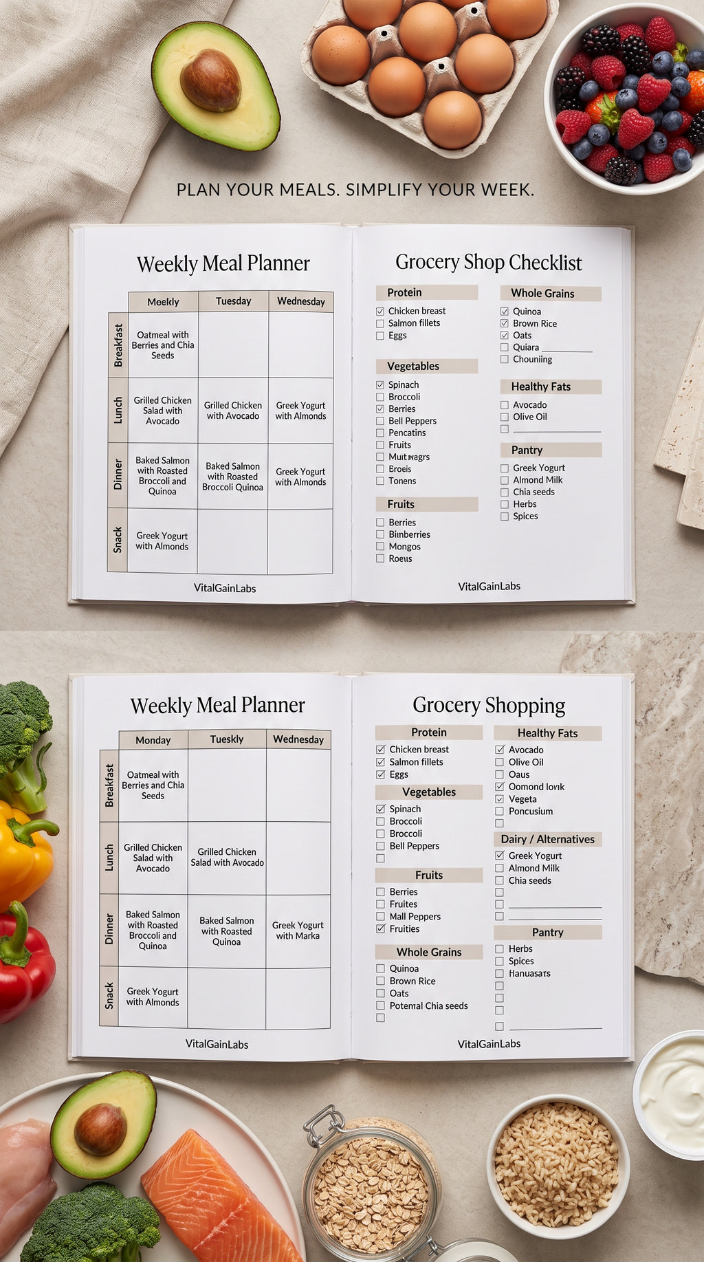 Weekly healthy meal plan and grocery checklist from the VitalGainLabs meal planner
